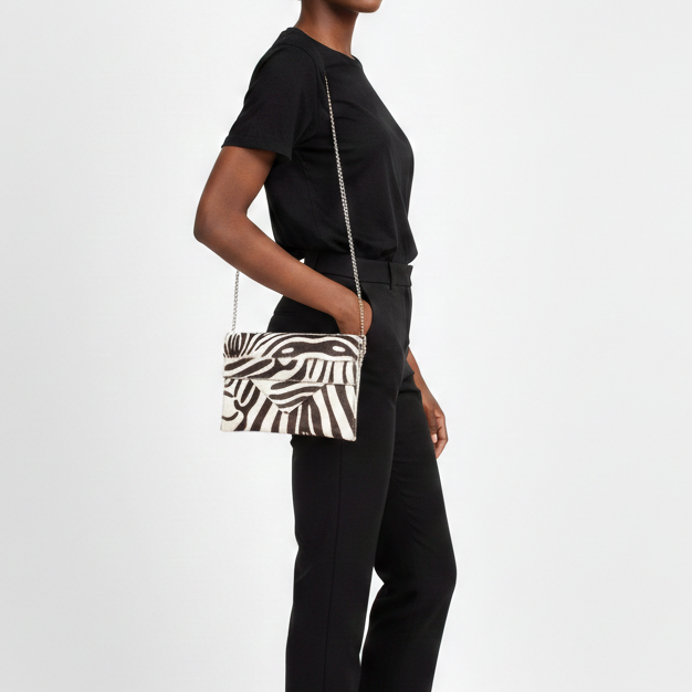 Renee Classic Zebra Envelope Clutch with Silver Chain