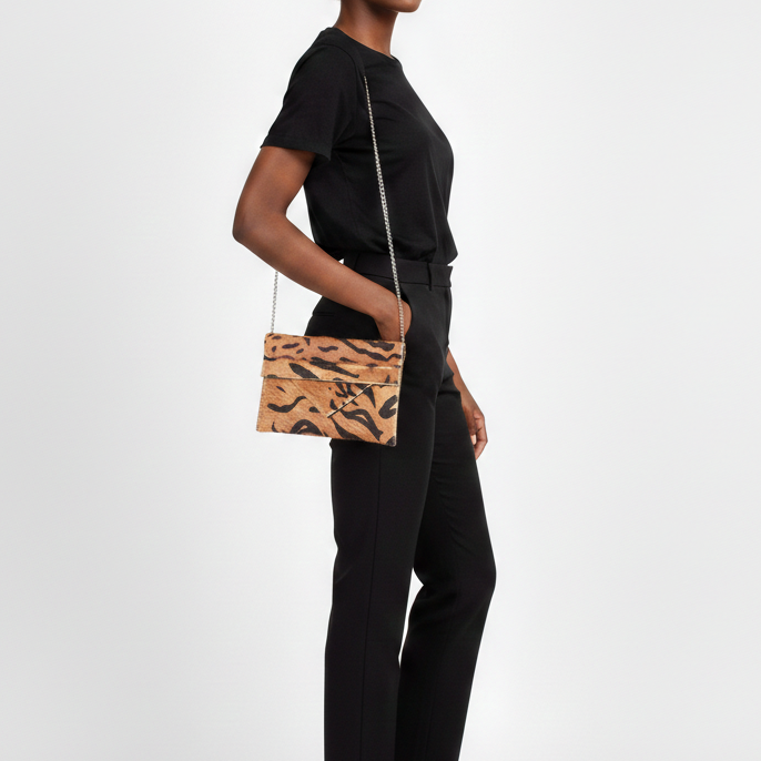 Renee Tiger Wildcat Envelope Clutch with Silver Chain