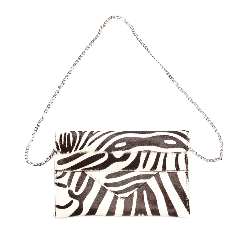 Renee Classic Zebra Envelope Clutch with Silver Chain