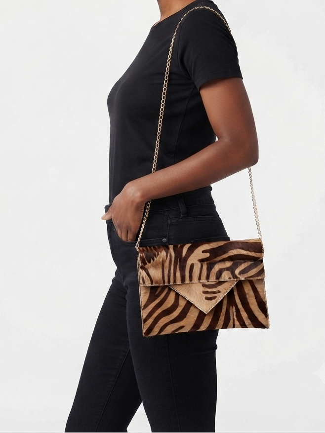 Renee Mocha Zebra Envelope Clutch with Gold Chain