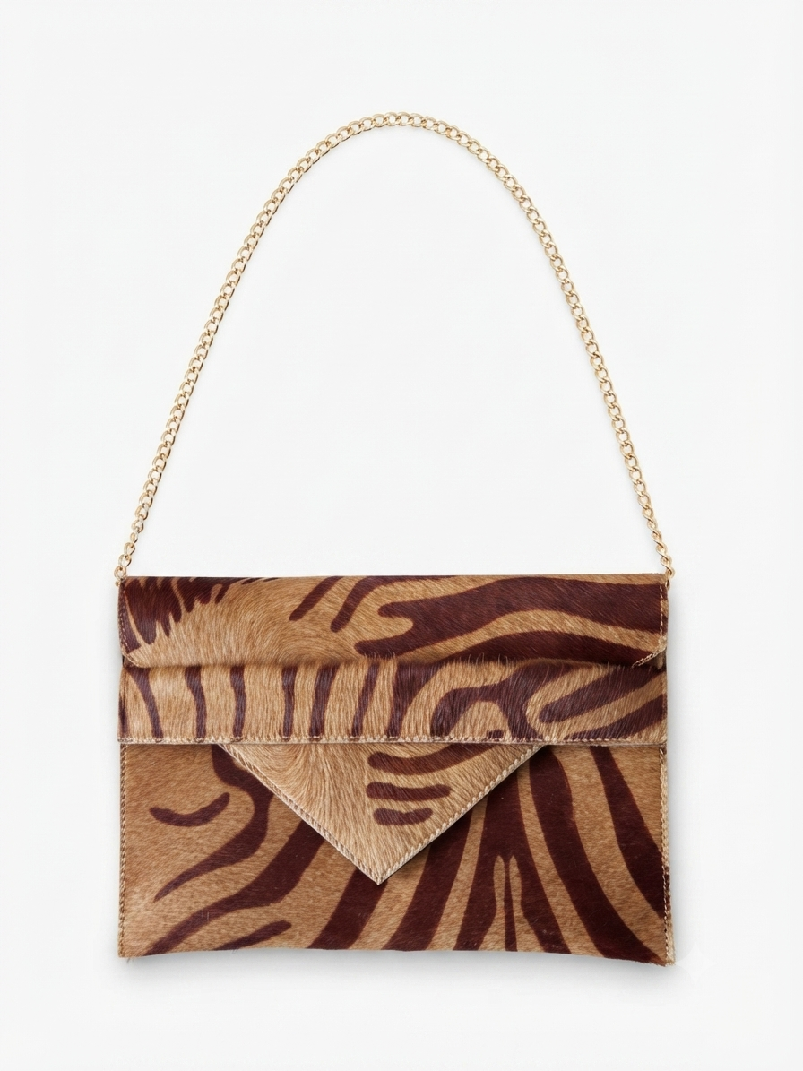 Renee Mocha Zebra Envelope Clutch with Gold Chain