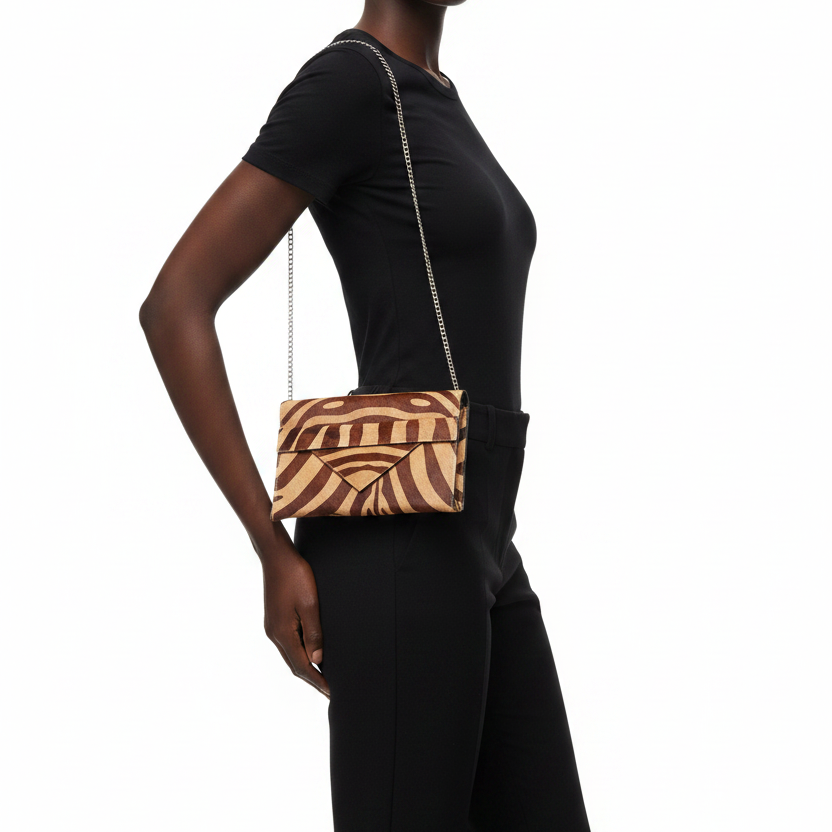 Renee Mocha Zebra Envelope Clutch with Silver Chain