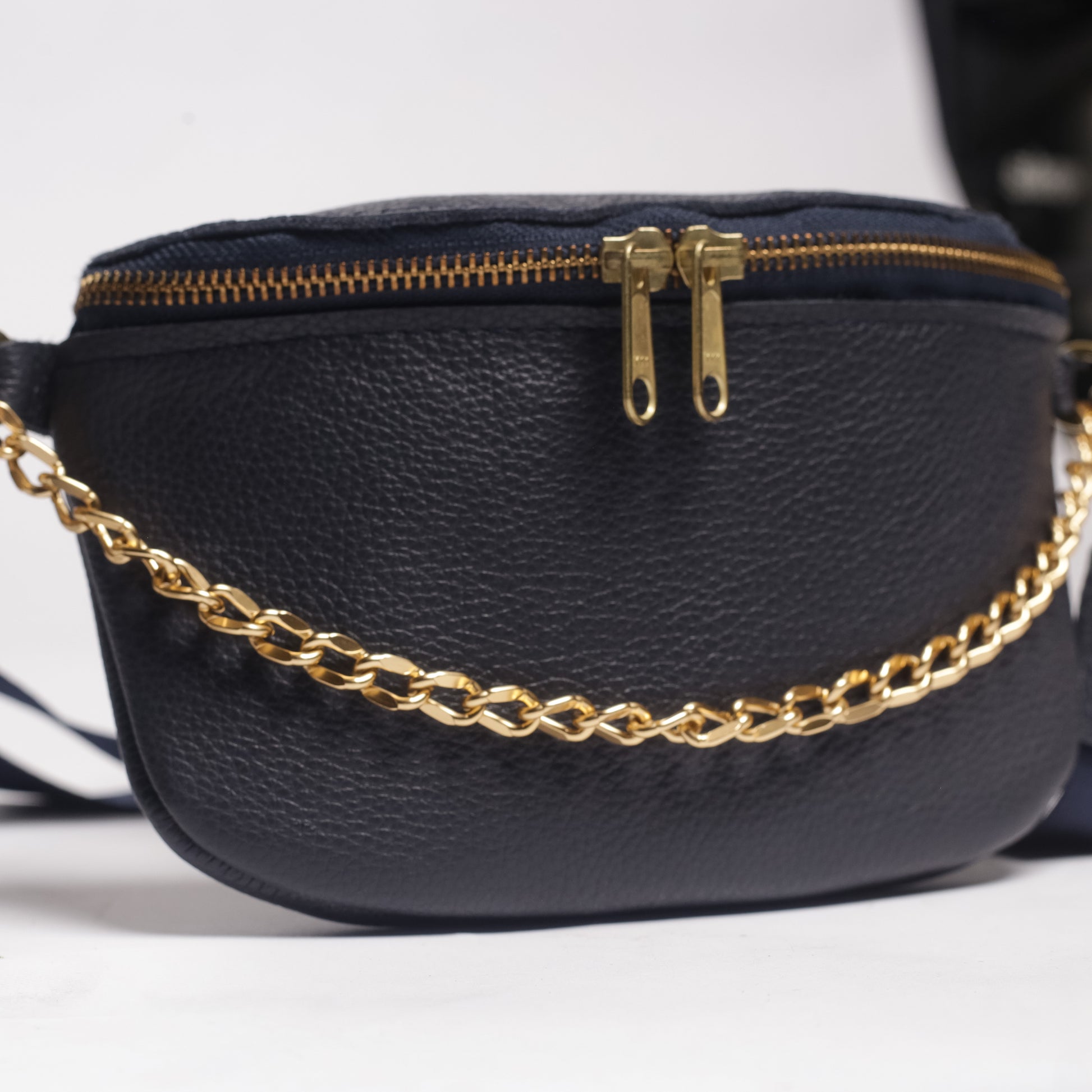 navy leather belt bag