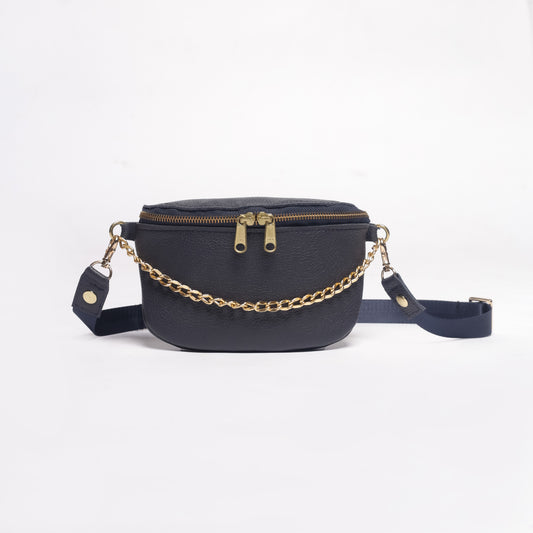 navy leather belt bag